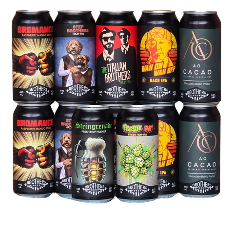 Assorted beer cans with various designs on a white background